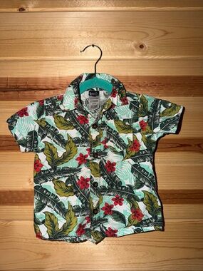 rebels Mint Tropical Leaf Button-Down Shirt with Red Floral Accents